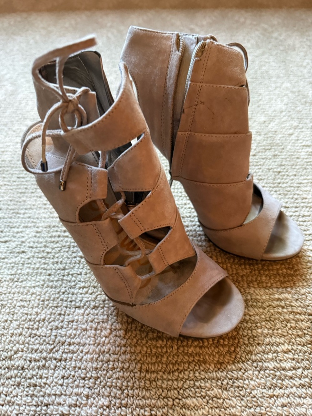 Sam Edelman Taupe Cutout Lace-Up Peep Toe Heels